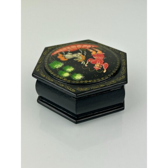 Artist Signed Russian Black Lacquer Trinket Box Hexagon Boy Donkey Pony READ - Picture 7 of 15